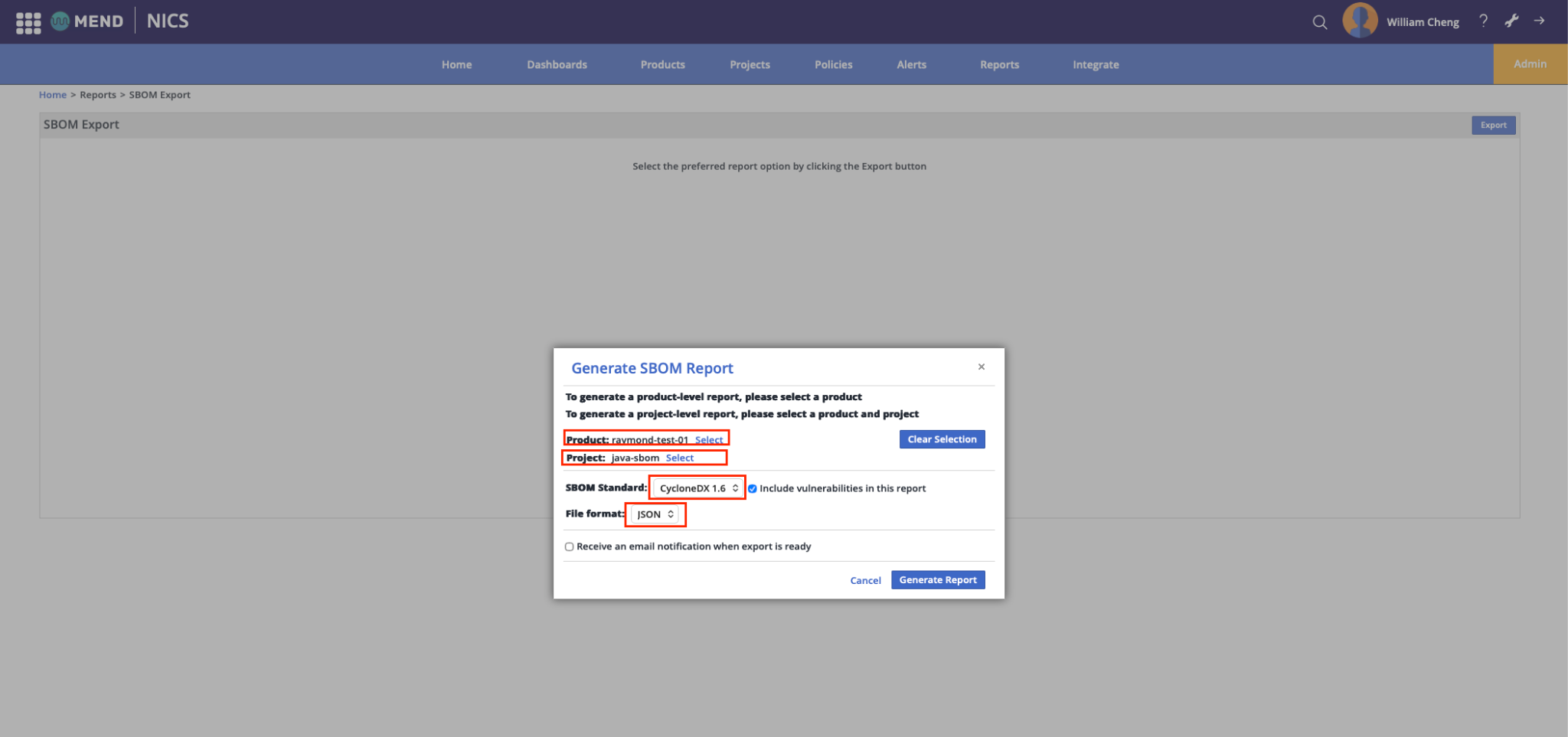 Generate SBOM Report 設定介面